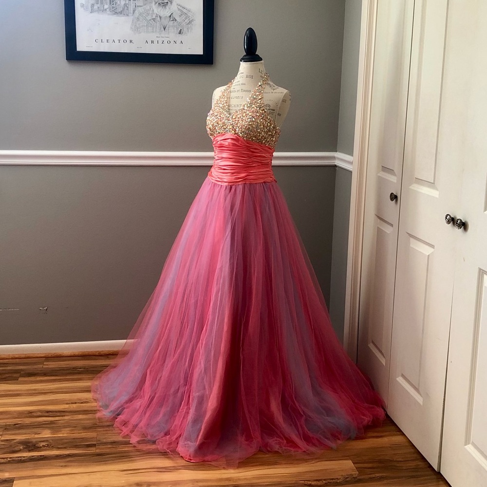 NEW FAVIANA SZ 14 BEADED SATIN TULLE HALTER BALL GOWN